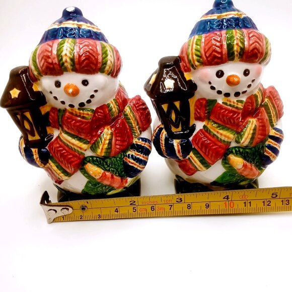 Snowman Salt Pepper Shakers Lanterns Winter Holiday Decoration Ceramic 3.5" Tall - Picture 10 of 11